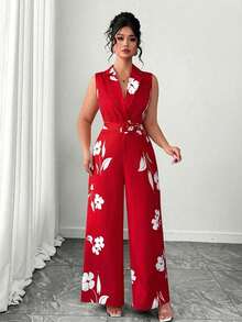 Elenzga Plus Size Women Floral Print Lapel NeckWide Leg Sleeveless Elegant Jumpsuit - Multicolor - View 7