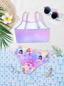 SHEIN 时尚多彩的K-POP女团字母和星星印花，少女休闲简约修身吊带背心和比基尼泳装套装，适合夏季K-POP、Y2K风格的比基尼、坦克背心、露脐上衣、泳衣和沙滩装，儿童款。 - 彩色 - 查看 2