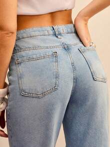 Daynim Faux Pearls Beaded Straight Leg Jeans - Light Wash - View 3