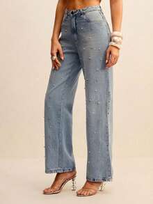 Daynim Faux Pearls Beaded Straight Leg Jeans - Light Wash - View 5