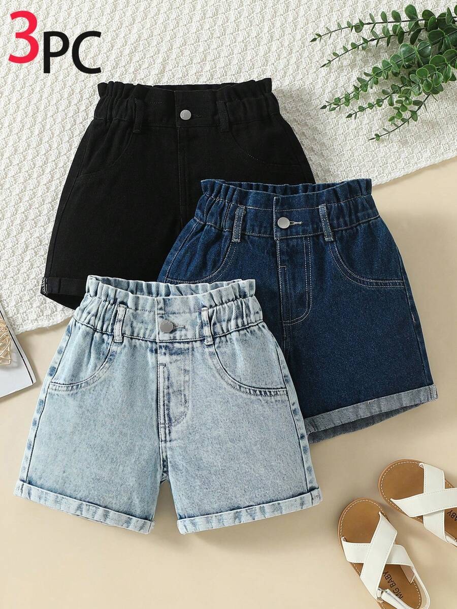 SHEIN Set 3 Potong Celana Pendek Denim Anak Perempuan, Celana Pendek Denim Kasual Biru Tua, Desain Pinggang Longgar, Paket Kombo Modis dan Serbaguna untuk Musim Semi/Panas, Liburan, Sekolah - MultiWarna - View 1