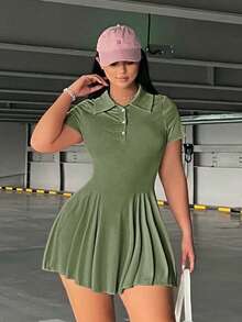 Flirla Plus Size Casual Collared Short Sleeve A-Line Dress - Army Green - View 1