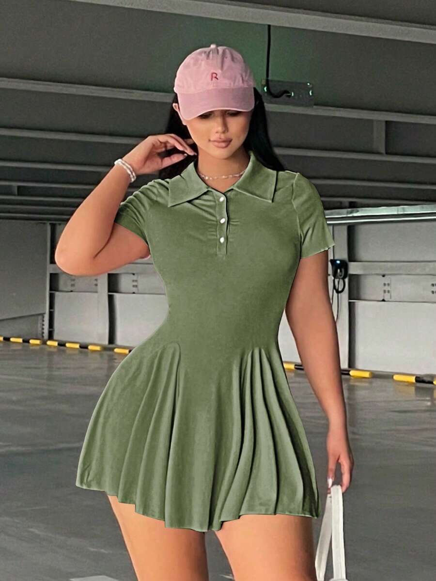 Flirla Plus Size Casual Collared Short Sleeve A-Line Dress - Army Green - View 1