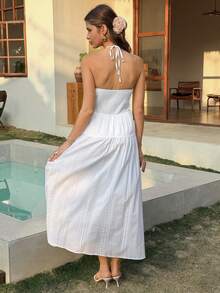 Beach Party Holiday Outfit Summer White Halter Midi Dress For Women Sundress - Beige - View 2