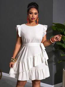 Slaydiva Vestido casual de talla grande con volantes en el bajo y unicolor - Blanco - View 9