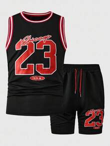 Manfinity Campus Court Plus Size Men's 23 Letter Print Sports Vest And Shorts Set Football - Black - View 2