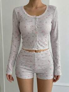 DAZY Lace Patchwork Ditsy Floral Fitted Pajama Set, Fall Winter Clothes - Grey - View 4