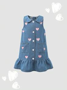 Elladie kids 幼女無袖牛仔洋裝，中洗藍色愛心印花彼得潘領荷葉邊下擺棉質太陽裙，返校休閒可愛夏季穿搭 - 淺色水洗藍 - 查看 8