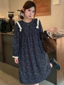 DAZY Sweet Floral Ruffle Trim Patchwork Nightgown Pajama, Moo Moo, For Fall, Winter - Navy Blue - View 5