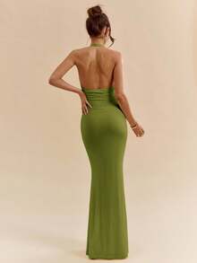 SHEIN BAE Đầm vàng thanh lịch, đầm không tay cổ chữ V sâu gợi cảm dành cho nữ, thích hợp cho mùa xuân/hè. - Màu xanh Ô liu - Xem 2