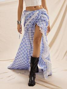 Easelle Bohemian Music Festival Lace Patchwork High-Low Flowy Sexy Women Skirt Boho Western Woman Summer Outfits Boho Outfit For Women - Blue - View 2