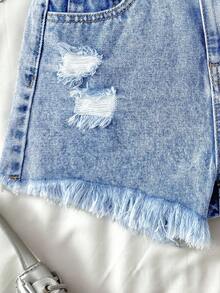 SHEIN Quần short jean rách gấu kiểu boho phong cách Y2K cho bé gái tuổi teen, trang phục mùa hè cho bé gái, đồ đi nghỉ mát mùa xuân hè kiểu đồng quê boho, trang phục đi biển cho bé gái, trang phục đường phố miền Tây cho bé gái, trang phục nghỉ xuân, trang phục dự tiệc rave, quần short jean lễ hội. - Rửa nhẹ - Xem 4