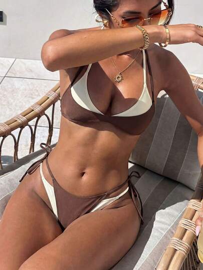 Costavie Bộ đồ bơi hai mảnh phối màu tương phản, kiểu tam giác buộc dây cổ và quần, phong cách tối giản cho kỳ nghỉ của phụ nữ.