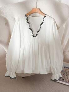 CosyJoli Plus Size Women Deep V-Neck Ruched Casual Versatile Shirt, Suitable For Vacation & Travel - Multicolor - View 5