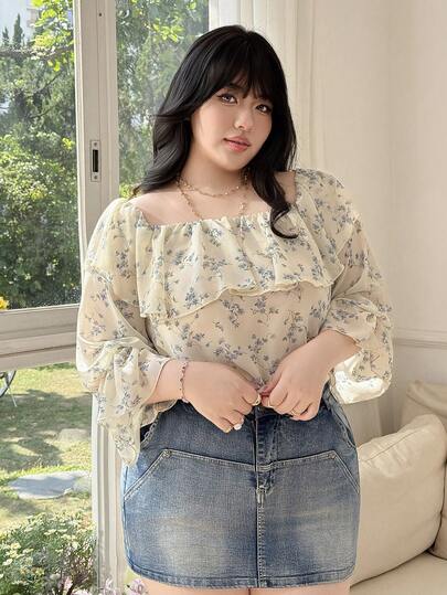 CovetEZ Plus Size Ruffled Off-Shoulder Long Sleeve Chiffon Loose Blouse, Spring/Summer
