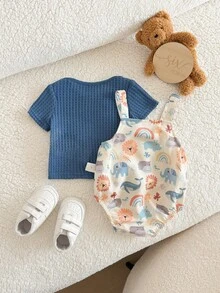 2件套新生儿女婴/男女通用休闲针织藏蓝色短袖T恤卡通狮子印花连体衣套装，含背带裤，夏季2件套幼儿宝宝休闲套装，幼儿夏季套装 - 彩色 - 查看 9