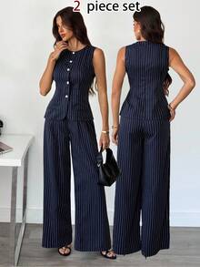 SHEIN Tall Bộ áo và quần không tay kẻ sọc mới dành cho nữ, kiểu dáng retro màu xanh navy, ôm eo, bộ hai mảnh thời trang để đi làm, món đồ thiết yếu cho công sở nữ, bộ đồ kẻ sọc, bộ đồ giáo viên nữ. - Màu xanh lam - Xem 10