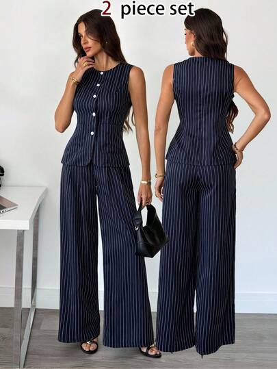 SHEIN Tall Conjunto feminino listrado, composto por blusa sem mangas e calça com cintura ajustada, em azul marinho estilo retrô. Conjunto moderno de duas peças para o dia a dia, item essencial para o ambiente de trabalho feminino, terno listrado, ideal para professoras.