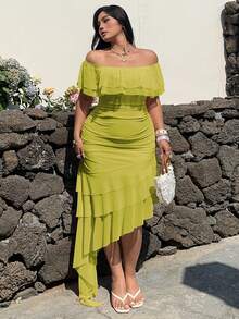 Sunnyshic Plus Size Off-Shoulder Ruffle Hem Elegant Asymmetrical Hem Mesh Flowy Vintage Cute Vacation Wedding Party Dress, Pink - Limelight Green - View 3