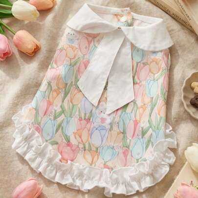 PETSIN Un vestido de princesa con estilo de tulipán de primavera y conejito, con cuello de muñeca y dobladillo con volantes, ideal para que los gatos y perros lo usen cuando salen.