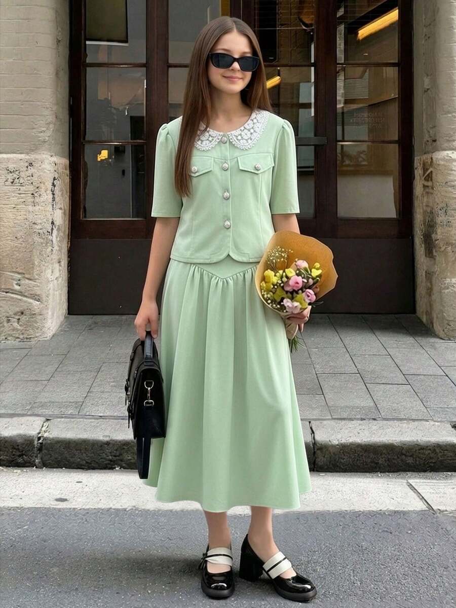 SHEIN 两件套青少年套装，优雅清新的绿色和白色刺绣领泡泡袖外套上衣搭配简约纯色长裙，适合日常、派对、休闲场合。 - 綠色 - 查看 1