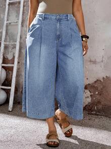 EMERY ROSE EMERY ROSE Plus Size Pleated Pocket Casual Straight Loose Fit Summer Jeans - Light Wash - View 7