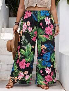 SHEIN CURVE+ Curve 尺码 US22 音乐节、海滨度假、波西米亚风女士条纹弹力腰阔腿宽松休闲裤 夏季/乡村/海滩度假装/海滩装/沙滩服饰 - 彩色 - 查看 4