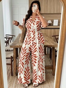 Weeklong Plus Size Women's Solid Color Leaf Print Shirt And Straight Leg Pants Casual Vacation 2-Piece Set, Spring/Summer - Multicolor - View 1