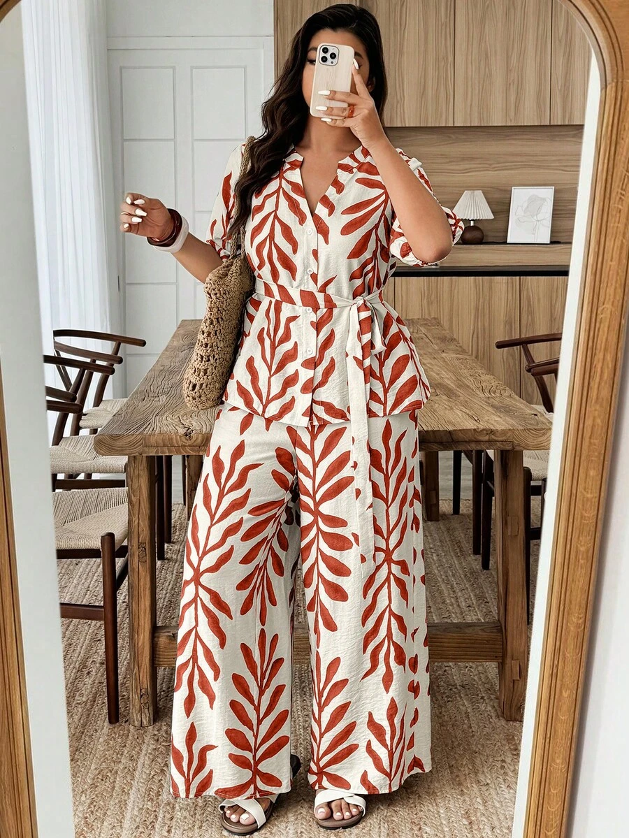 Weeklong Plus Size Women's Solid Color Leaf Print Shirt And Straight Leg Pants Casual Vacation 2-Piece Set, Spring/Summer - Multicolor - View 1