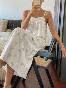 DAZY Floral Pattern Allover Print Ruffle Hem Women's Slip Nightgown Pajama - Beige - View 1