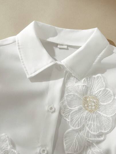 SHEIN 1pc Tween GirlsDelicate 3D Floral Design Puff Sleeve Blouse, Sweet & Cute, Summer