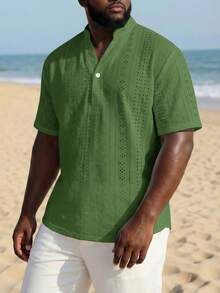 ResortEase Plus Size Men's Vacation Hollow-Out V-Neck Short Sleeve Casual Shirt - Green - View 2