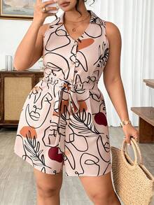 Elenzga Plus Size Women Allover Print Knotted Casual Everyday Romper - Multicolor - View 8