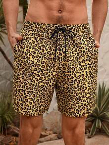 Manfinity VDAYZ Shorts de playa con cordón en la cintura y estampado de leopardo para hombres - Multicolor - Ver 5
