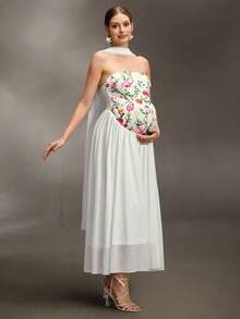 Cheriluna Maternity 孕妇抹胸长款网纱刺绣缎带修身连衣裙，适合孕期摄影 - 白色 - 查看 5