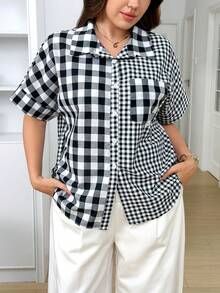 Levarali Plus Size Cotton Gingham Print Shirt , Summer Casual Comfortable Back-To-School For Women Formal Party Teacher - Black and White - View 3