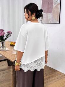 Lounesse Áo thun nữ cỡ lớn cổ tròn tay ngắn phối ren màu trắng, thích hợp mặc đi làm hàng ngày. - trắng - Xem 8
