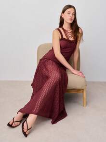 Nöista Đầm maxi với chất liệu ren tinh tế và dây đeo xếp ly. Thích hợp cho mùa xuân, hè, nữ. - Màu Đỏ Sâu - Xem 4