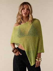 SHEIN BAE Women's Loose Knit Olive Green Shawl Top, Asymmetric Hem Solid Sweater, Summer Street Wear City Break Chic, Suitable For Beach Vacation Party Dates - Green - View 7