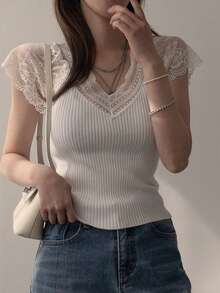 DAZY Women's Lace Korean Style Elegant Short Sleeve Knit Top Summer - White - View 4