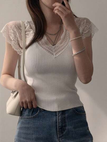 DAZY Áo dệt kim tay ngắn kiểu Hàn Quốc thanh lịch dành cho nữ, chất liệu ren.