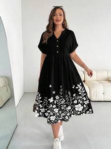 SHEIN Essnce Plus Size Floral Print Notched Neck Vacation Dress - Multicolor - View 3