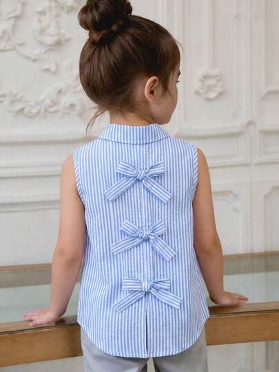 SHEIN Playful Pals Young Girls' Woven Striped Pink Sleeveless Irregular Shirt, Backside Bow Tie Decor, Suitable For School, Casual, Outdoor Versatile Item