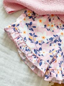 SHEIN Vintaside Kids 女婴可爱提花背心和提花短裤套装，春夏款 - 粉色 - 查看 8