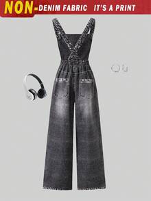 SHEIN Pantalones de tirantes con estampado de estrellas de punto para niñas preadolescentes, adecuados para volver al colegio, ropa personalizada para primavera, verano y otoño - Negro - Ver 3