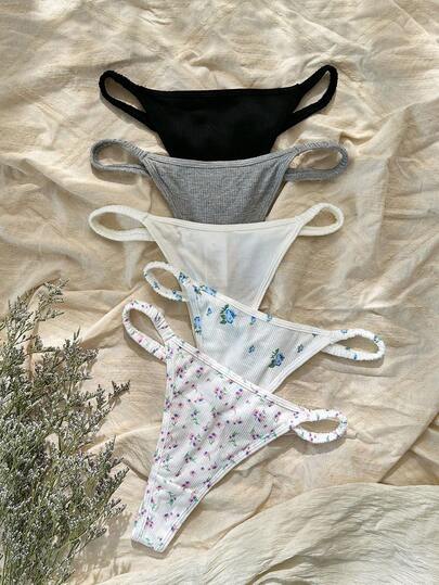 5-Pack Ditsy Floral And Solid Color Sexy Underwear G-String Set