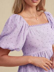 WESTFADE 心形刺绣方领泡泡袖修身喇叭迷你连衣裙 - 淡紫色 - 查看 4