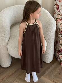 Dazy Kids فستان مرتخٍ بياقة طاقم مطوي مع ألوان متباينة مناسب للصبايا المراهقات للإجازات بدون أكمام - بني - مشاهدة 4