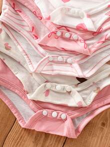 SHEIN Playful Pals 5件套女婴夏季休闲爱心蝴蝶结条纹印花连体衣套装 - 彩色 - 查看 4