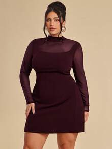SHEIN BAE Robe midi déchirée à manches longues en maille sexy et patchwork pour femmes de grande taille, robe mini élégante en maille bordeaux avec dos découpé pour femmes, robe moulante de soirée à col montant et manches longues en maille transparente avec détail de dos découpé en bordeaux, parfaite pour les fêtes, robe mini sophistiquée en bordeaux pour femmes avec manches longues transparentes, col montant et design de dos découpé à la mode - Lie de vin - Voir 4